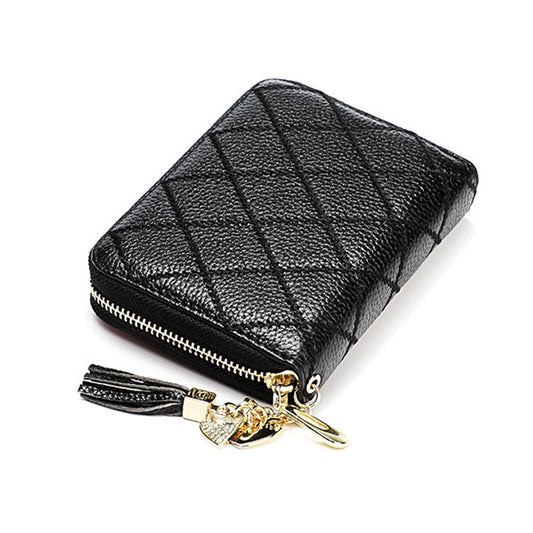 KB213 Diamond Texture Zipper Cowhide Leather Double Row Organ Shape Multiple Card Slots Anti-magnetic RFID Wallet Clutch Bag for Ladies (Black) by bashfashion