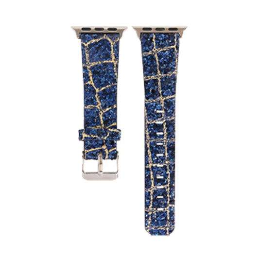 For Apple Watch 5 & 4 44mm / 3 & 2 & 1 42mm Glitter Sequins Leather Watch Band(Blue Gold) by bashfashion