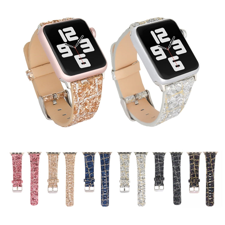 For Apple Watch 5 & 4 44mm / 3 & 2 & 1 42mm Glitter Sequins Leather Watch Band(Blue Gold) by bashfashion