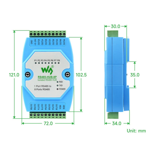 Waveshare RS485-HUB-8P Industrial-grade Isolated 8-ch RS485 Hub, Rail-mount Support, Wide Baud Rate Range by Waveshare