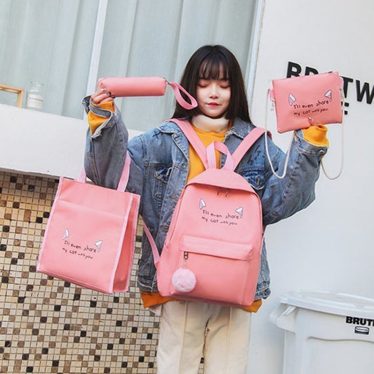 4pcs /Set Student Schoolbag Casual Outdoor Traveling Shoulder Bag(Pink) by bashfashion
