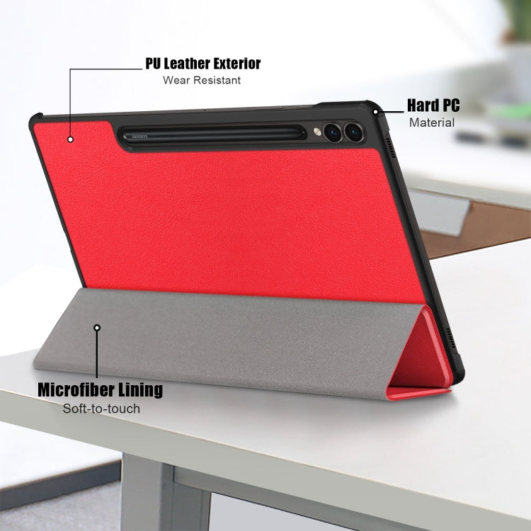 For Samsung Galaxy Tab S9+ Custer Pure Color 3-Fold Holder Smart Leather Tablet Case(Red) by bashfashion