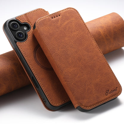 For iPhone 16 Plus Suteni J06 Retro Matte Litchi Texture Leather MagSafe Phone Case(Khaki) by Suteni